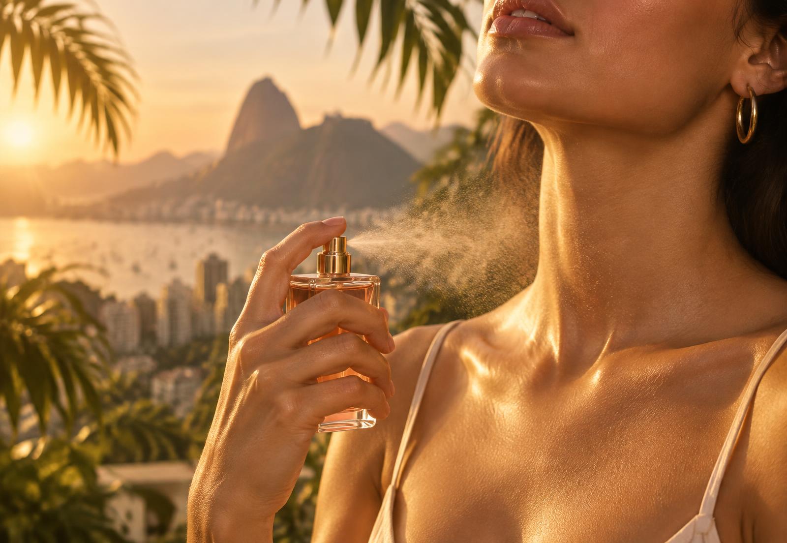 Woman applying the perfume mist at sunset in Rio de Janeiro